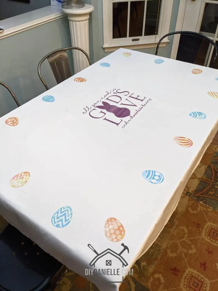 Custom tablecloth made with Infusible Ink Transfer Sheets. LOVE how this DIY Easter Tablecloth came out!