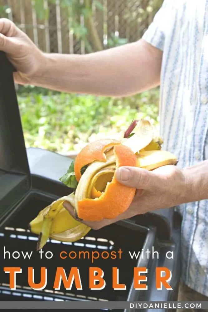 How to compost with a tumbler compost bin. Photo: This person is putting orange peels, lettuce, and a banana peel into a raised black tumbling bin.