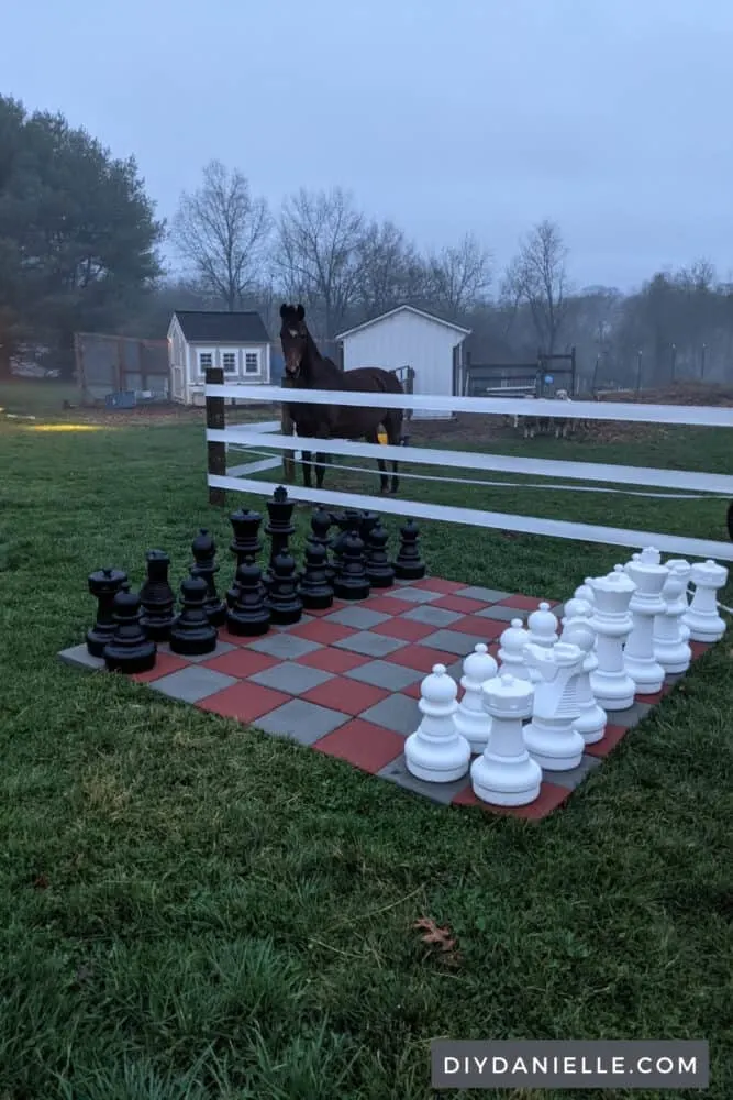 Giant chess set outdoors with horse field and horse behind a fence.