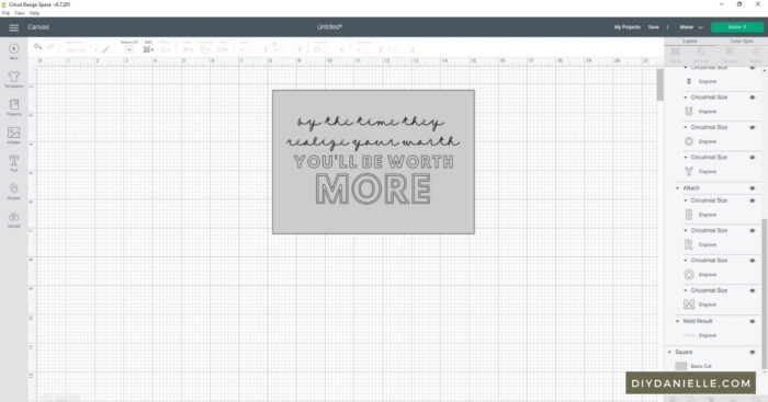 I add a gray box in the size of my blank before designing something in Cricut Design Space: In this screenshot, I've got a 5x7 gray box with text on top.