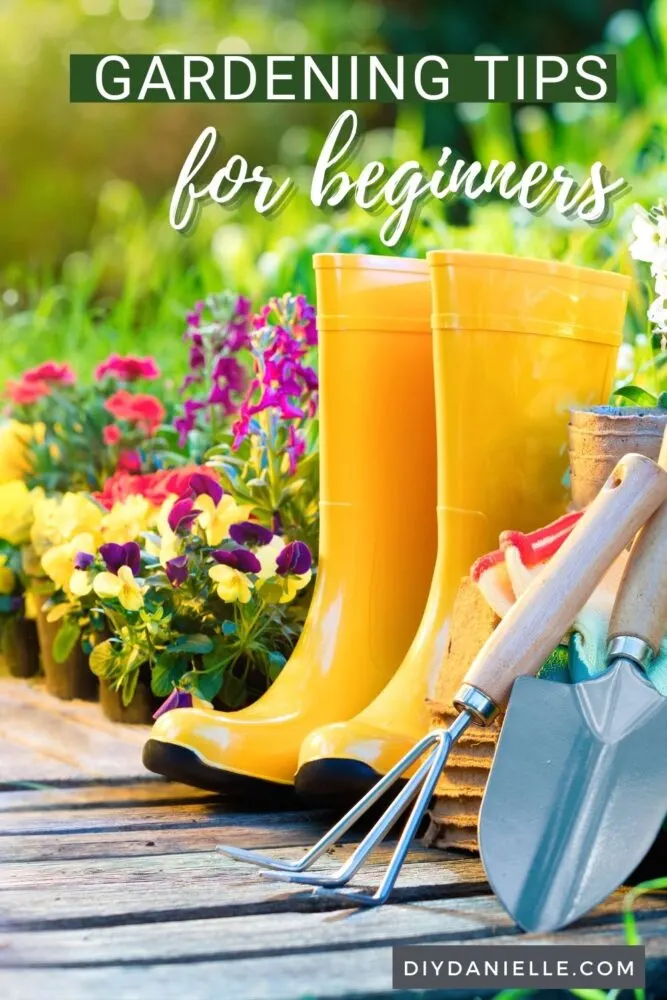Gardening tips for beginners: Photo of a garden and yellow rain boots.