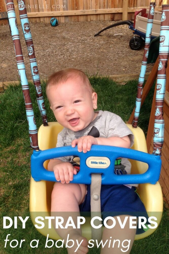 How to make covers to protect your baby from the baby swing ropes. Photo of a baby sitting in a yellow Little Tikes swing with covers over the scratchy rope. 