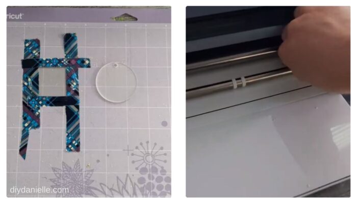 Left: Acrylic blanks on Cricut Strong Grip Mat. 

Right: Moving white roller balls to the right on the Cricut machine.