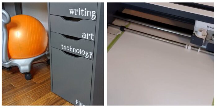 filing cabinet with cricut vinyl and Cricut Maker cutting vinyl