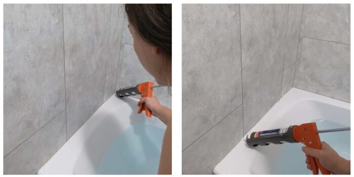 showing how to run a bead of caulk along bathtub with caulking gun