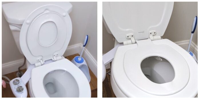 finished built-in potty seat shown with seat up and down