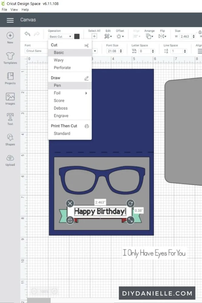 Adjusting the I Only Have Eyes For You template to say Happy Birthday in Design Space.