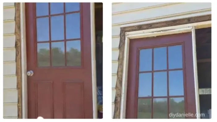 Screwing the framed door in place, next to the side of the garage door opening.