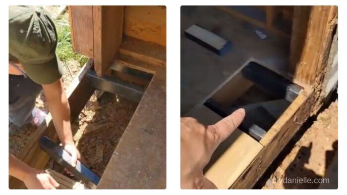 Adding 2x4 scraps between the floor joists to provide additional support for the new piece of subfloor.