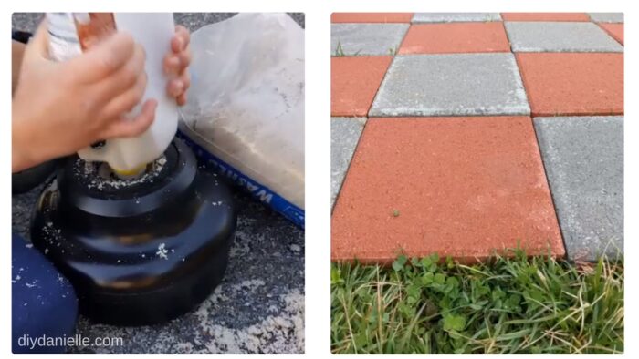 Filling up giant chess pieces and laying pavers for the chess board.