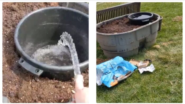 Filling the water bucket for the small pond.