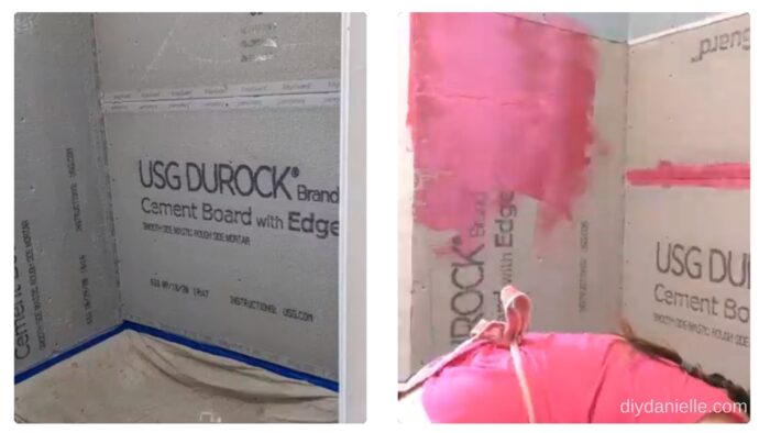 Left: Cement board with area prepped for using Redgard. 

Right: Beginning to apply Redgard to the Durock.