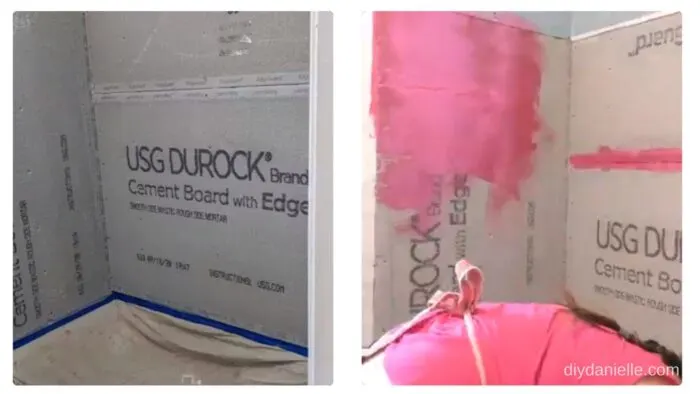 Left: Cement board with area prepped for using Redgard. 

Right: Beginning to apply Redgard to the Durock.
