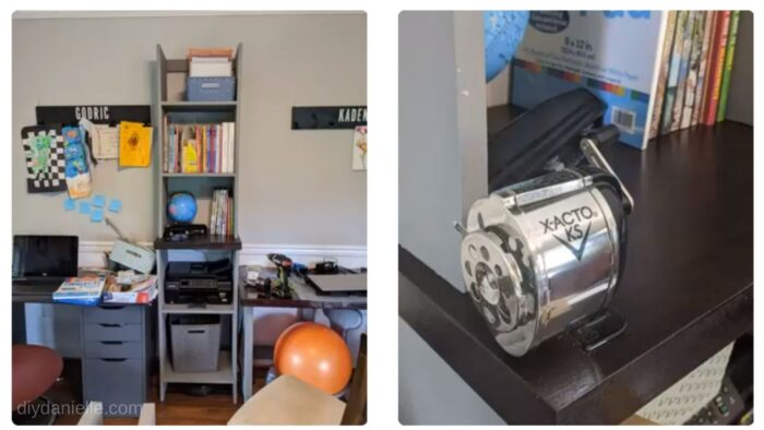 As you can see, we built another shelf for above the printer cabinet, and screwed in a old fashioned pencil sharpener to the butcherblock counter.