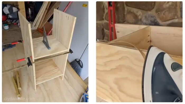 adding shelves to printer stand. In the right picture, I'm using an iron to press the veneer banding onto the raw plywood edges.