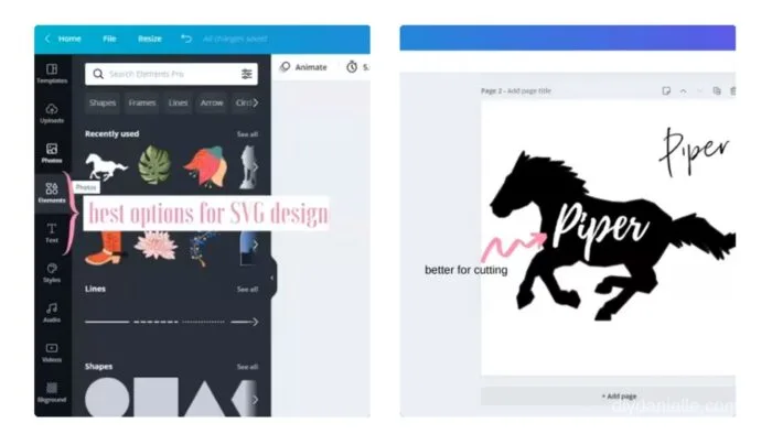 Elements and text are the two options in Canva that you want to use to design SVGs. Big clean fonts and images are best.