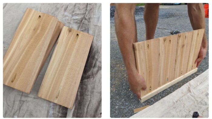 Add pocket holes to each cut of cedar wood. Line up with your 2x2s and attach 4 panels per side.