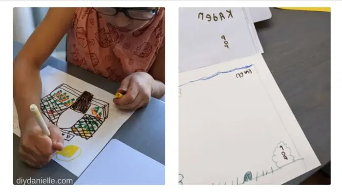 Kids drawing pictures for transferring to a mouse pad for a gift for their grandparents.