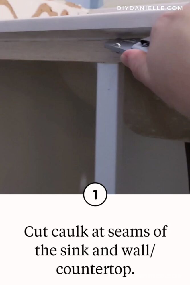 Cut your caulking that attaches the countertop to the vanity and the countertop to the wall.