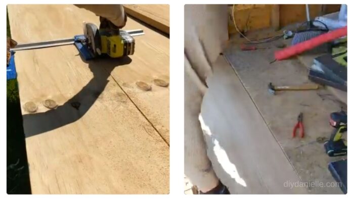 Cutting plywood for the flooring and sliding it into place.