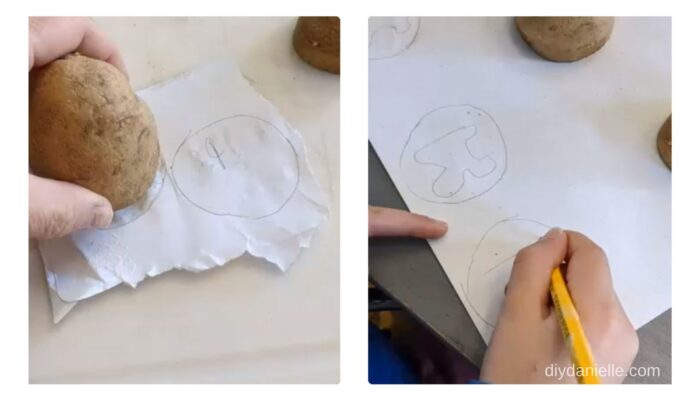 Left: Making a template of the potato end. 
Right: Drawing the bubble letters inside the template.