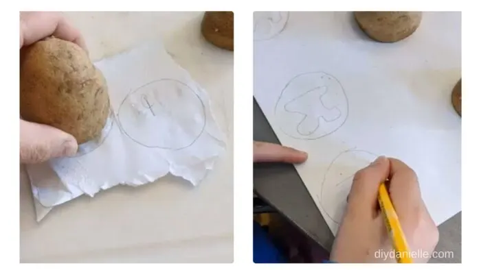 Left: Making a template of the potato end.
Right: Drawing the bubble letters inside the template.
