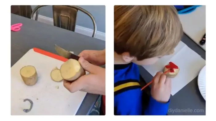 Left: Cutting sides off the potato.
Right: Painting the letter on the potato with safe paints for kids.