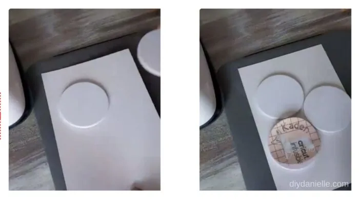 Left photo: blank Cricut coasters on a piece of cardstock

Right photo: Loose design placed face down on the blank coasters.