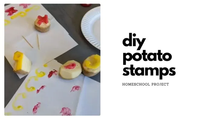 DIY Potato Stamps with yellow and red paint, as well as the paper they were stamped on.