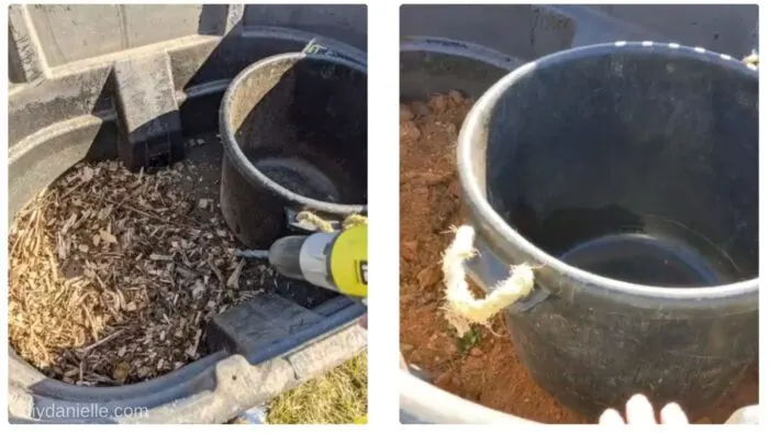 Left: Drilling holes in the bottom of the trough for drainage.

Right: Inserting the muck bucket into the trough. I added some rock under it to lift it up.