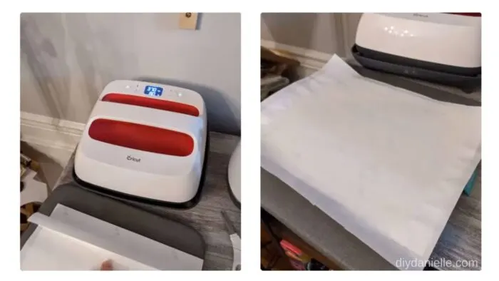Left: EasyPress 2 preheating. 
Right: Design laid face down with butcher paper on top.