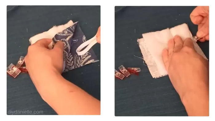 Two photos showing how to sandwich the elastic. The piece of elastic is folded in half then the loop is between the right sides of the fabric. The ends of the elastic poke out from the fabric.