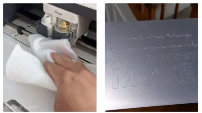 Left: Using a soft cloth to clean the Cricut Maker after engraving

Right: Photo of engraved design. 
