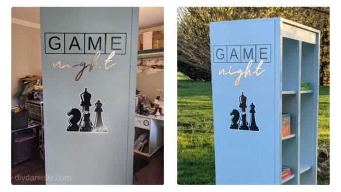 Game Night Vinyl Design on the side of a blue board game cabinet that we built.