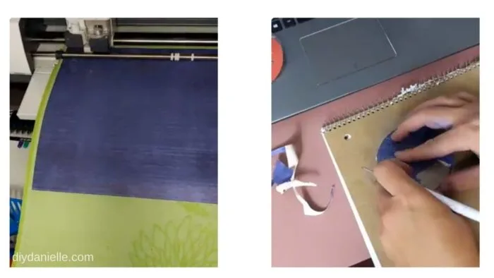 Left: Cutting the Cricut Infusible Ink sheets with the Cricut Maker.

Right: Weeding the design off the sheets.