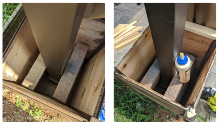 Overhead view of the gazebo planter boxes. In the right picture, I've started adding trim with wood glue.