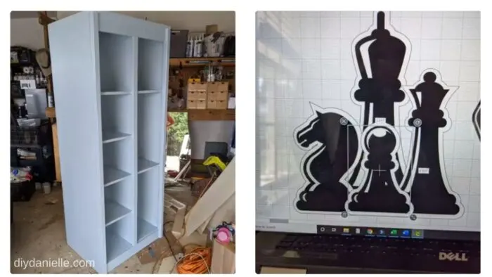 Left: Shelf we built for board games.
Right: Design I am using for layering vinyl on the wood shelf.