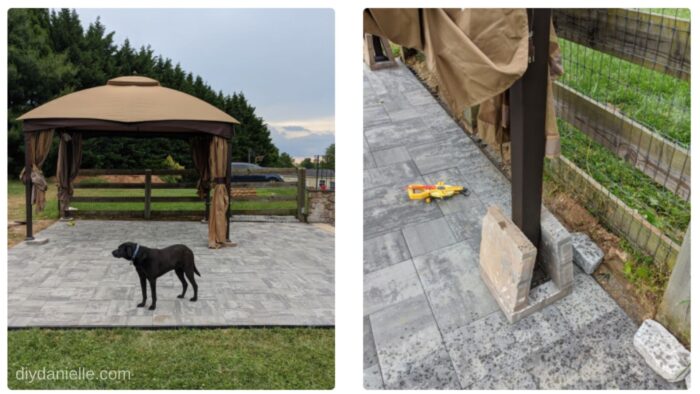 Moving the gazebo onto the pavers (which are on top of the patio). We added two more pavers to each gazebo leg to help weigh it down.