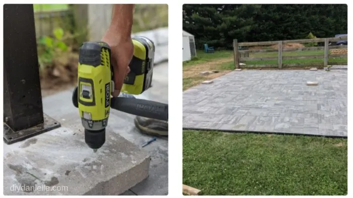 Using 12x12 pavers (cheap ones), we predrilled holes for each gazebo leg. This allowed us to weigh the gazebo down without ruining our patio.