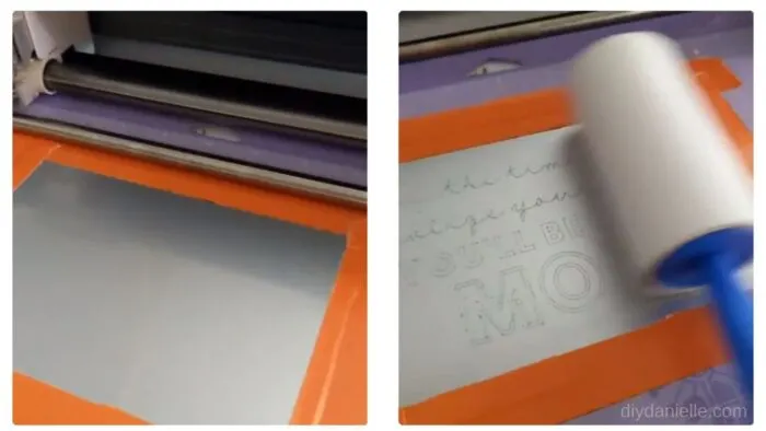 Left: Cricut Aluminum Sheets held onto a StrongGrip Mat with orange duct tape.

Right: Removing metal bits from the engraving process using a lint roller. 
