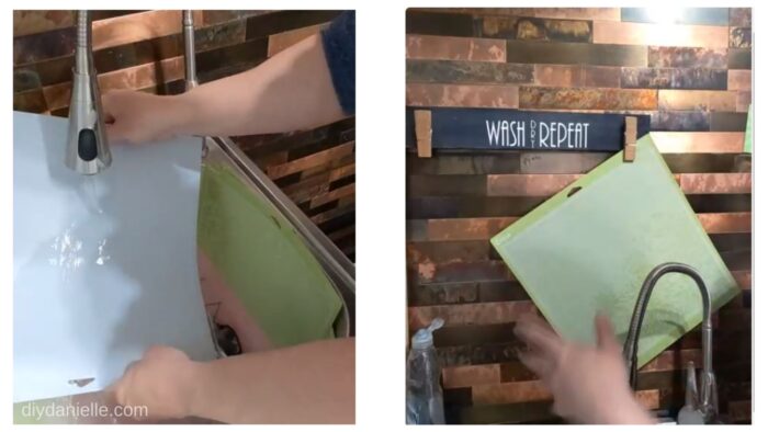 Left Photo: Rinsing the soapy mats.

Right Photo: Hang drying the mats above the sink.