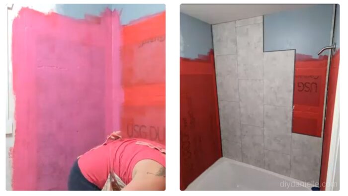 Left: Applying 2nd coat of Redgard
Right: Starting to apply wall panels over the dry Redgard/Durock.