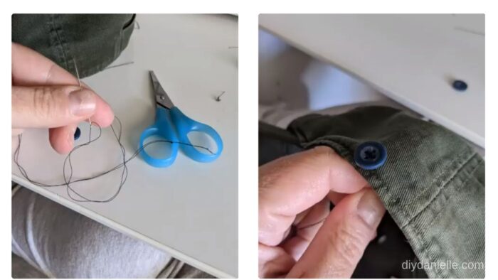 Sewing on a button to each side of the hat.