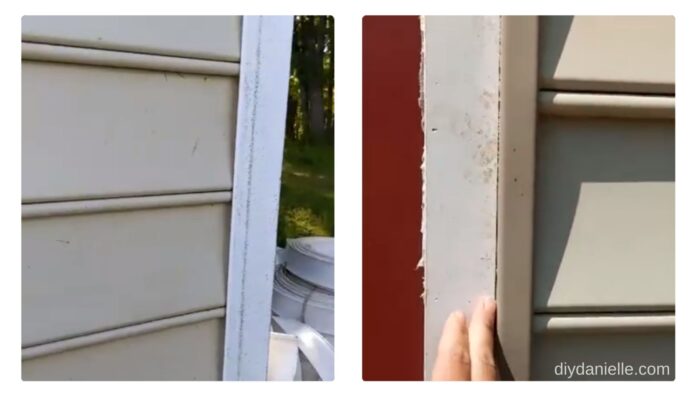 Left Photo: Corner Trim (post installation of the vinyl siding). The corner trim goes on first. 

Right Photo: J Trim along the sides of doors/windows. The vinyl siding tucks into it.