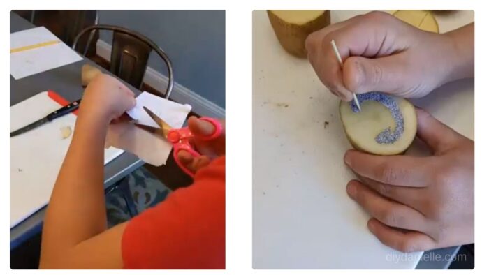 Left: Cutting out the letter.
Right: Tracing the letter upside down on the top of the potato.