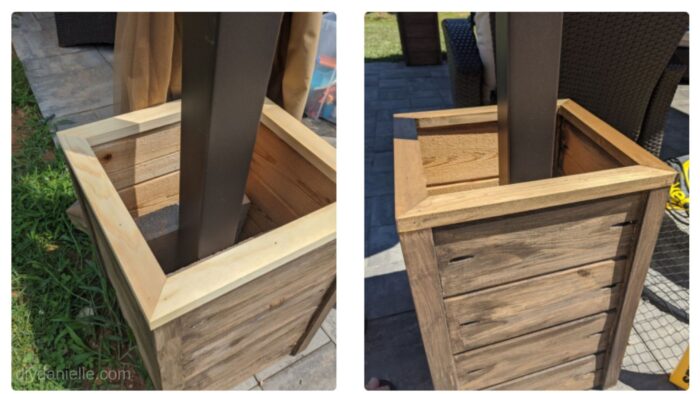 Four trim pieces were added to the top of each box, and I used an outdoor stain to finish them.