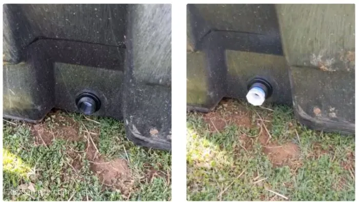 Trough drain with PVC fittings attached.