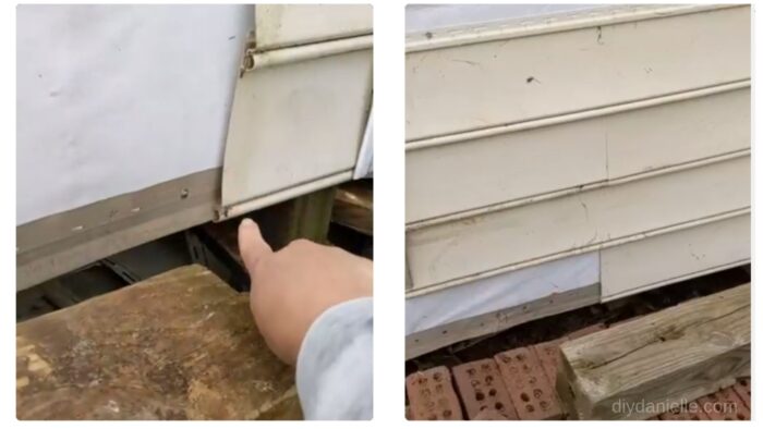 Left: This is the vinyl starter strip. It goes on the bottom of the wall and the first piece of vinyl siding snaps onto it. You'll install that part first. Right photo: It looks weird but we didn't add siding to this section because we'll have a small deck/platform off this area for the steps. 