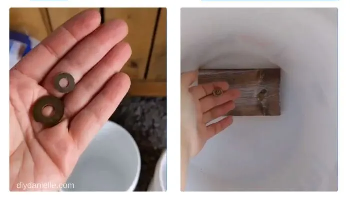 Washers or a piece of scrap wood help keep the screws from going through the back of the bucket.