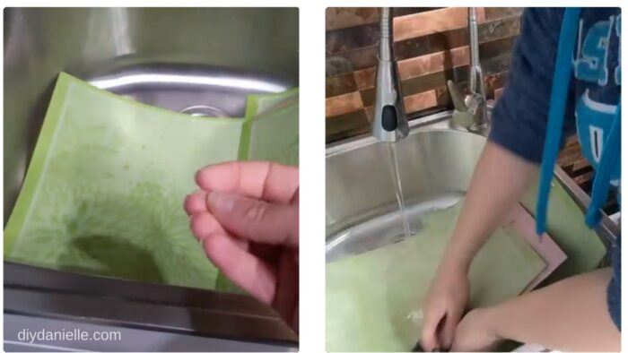 Left Photo: Dirty Cricut Mats piled in a laundry sink.

Right Photo: Me, using a wet wash cloth to clean the mats off. The water is warm and the mats are soaking in a small amount of water.